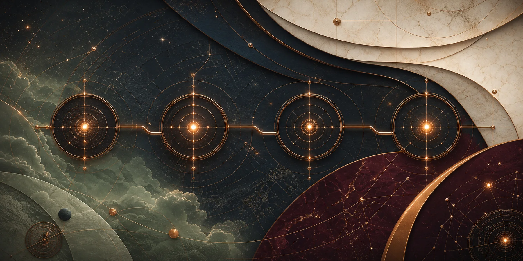 Classical Astraeus-inspired operating system visual with marble, copper, and celestial control lines